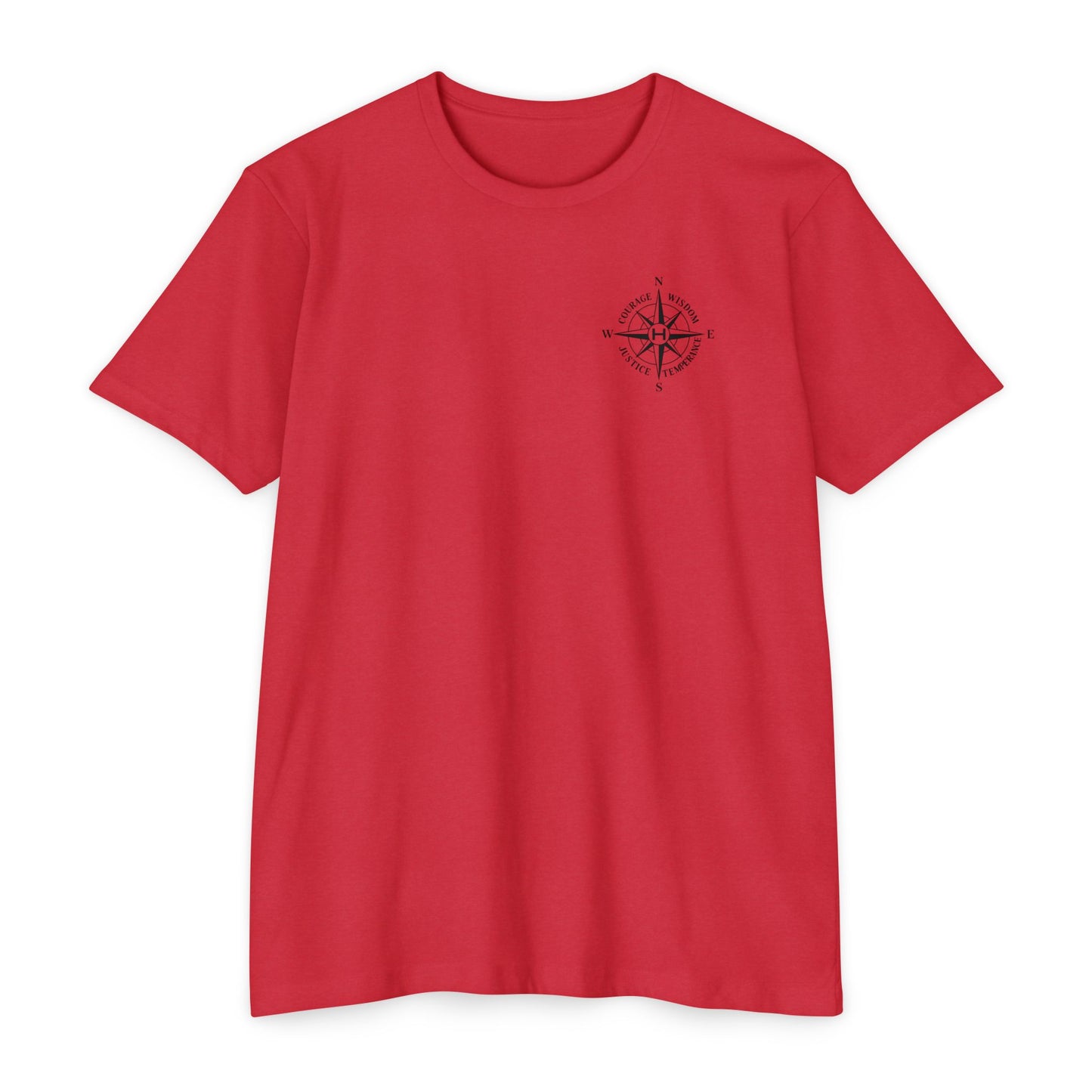 Red t-shirt with compass logo on a white background - Henosis Apparel virtue-based clothing