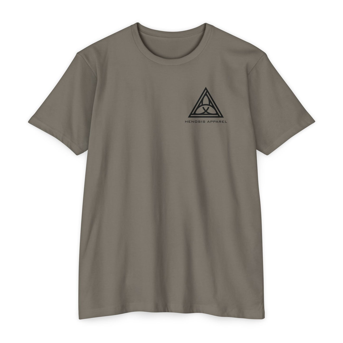 Warm Gray t-shirt with 'Henosis Apparel' logo on a white background - Henosis Apparel virtue-based clothing