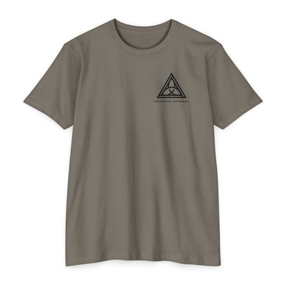 Warm Gray t-shirt with 'Henosis Apparel' logo on a white background - Henosis Apparel virtue-based clothing