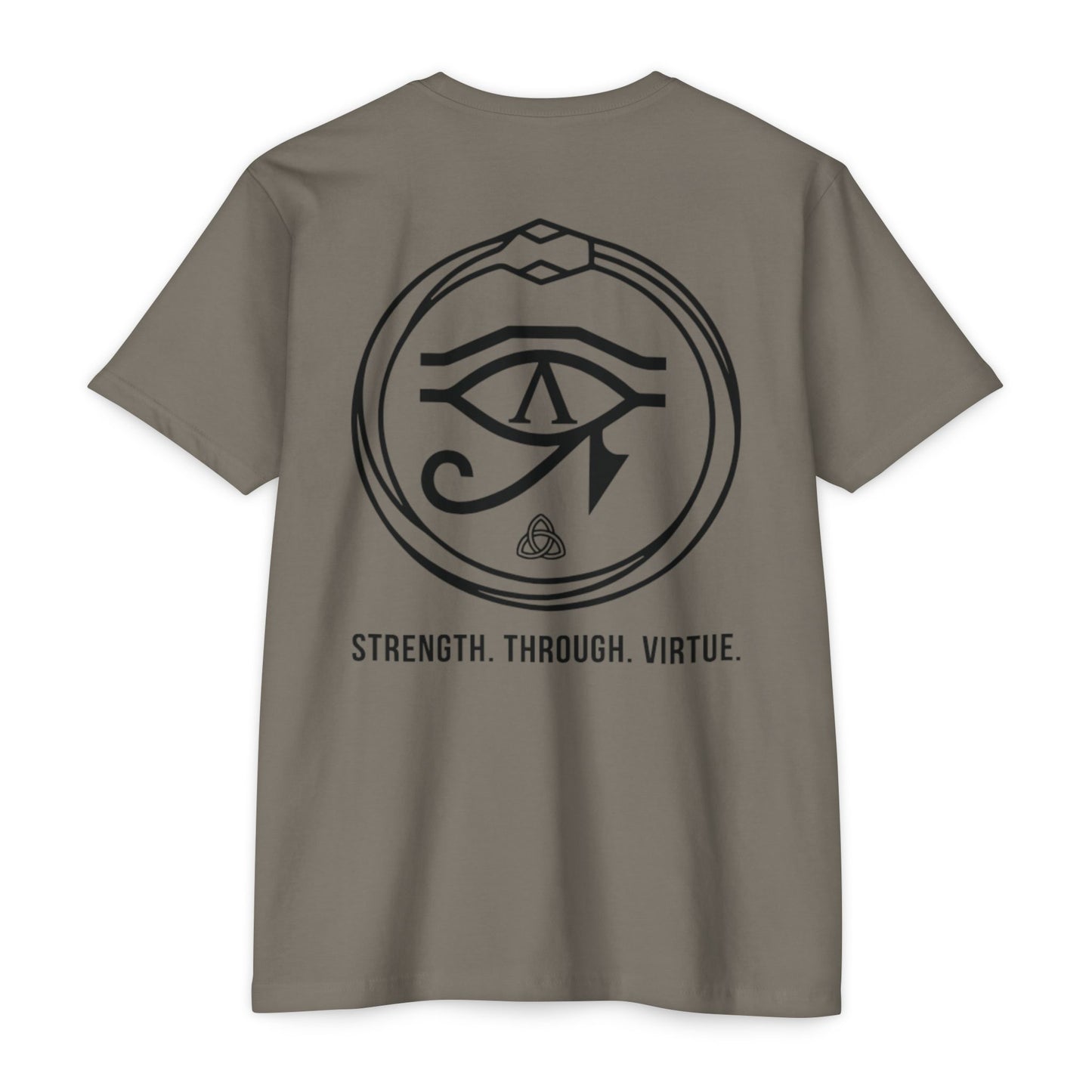 Warm Gray t-shirt with black graphic and text on a white background - Henosis Apparel virtue-based clothing