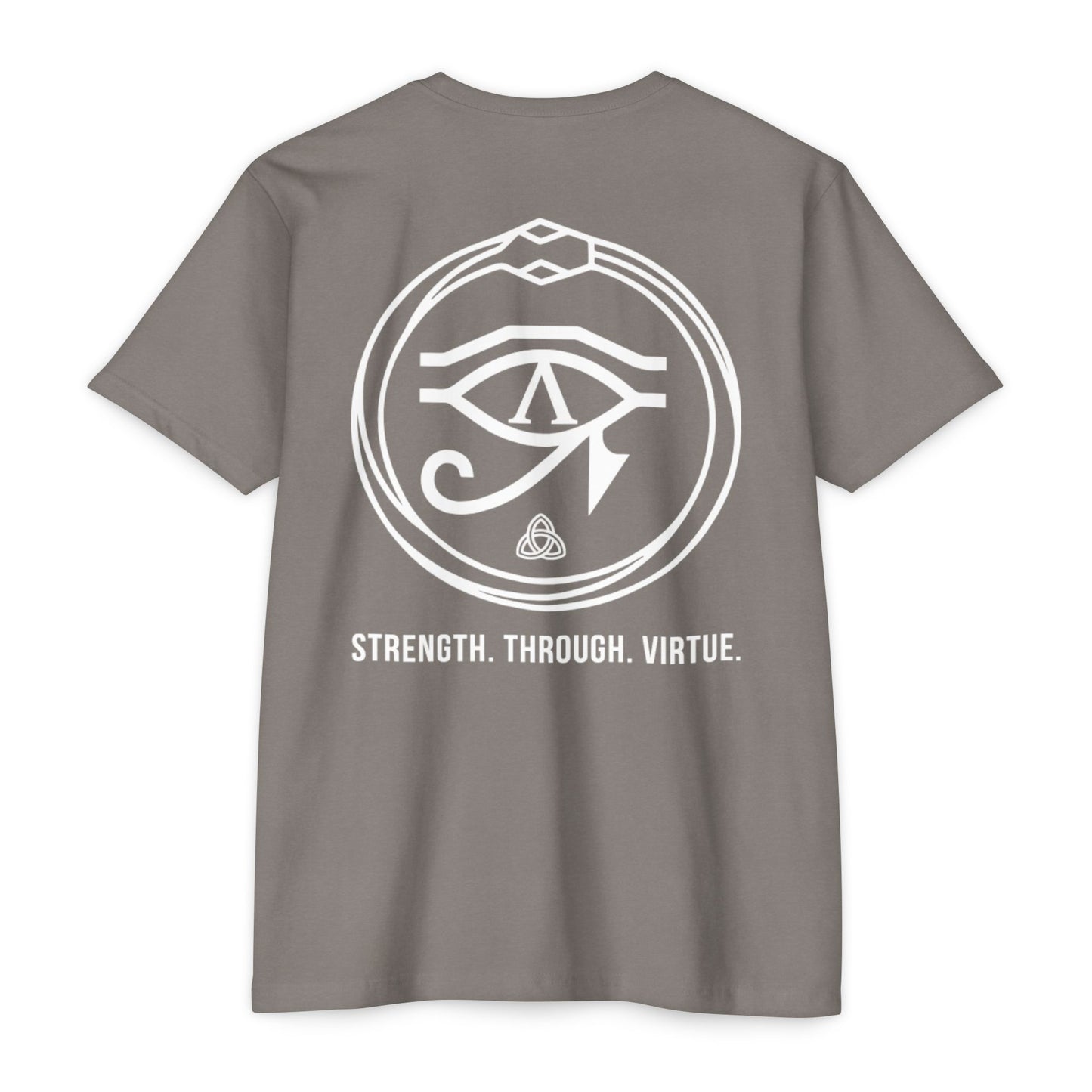 Stone Gray t-shirt with white symbol and text on a white background - Henosis Apparel virtue-based clothing