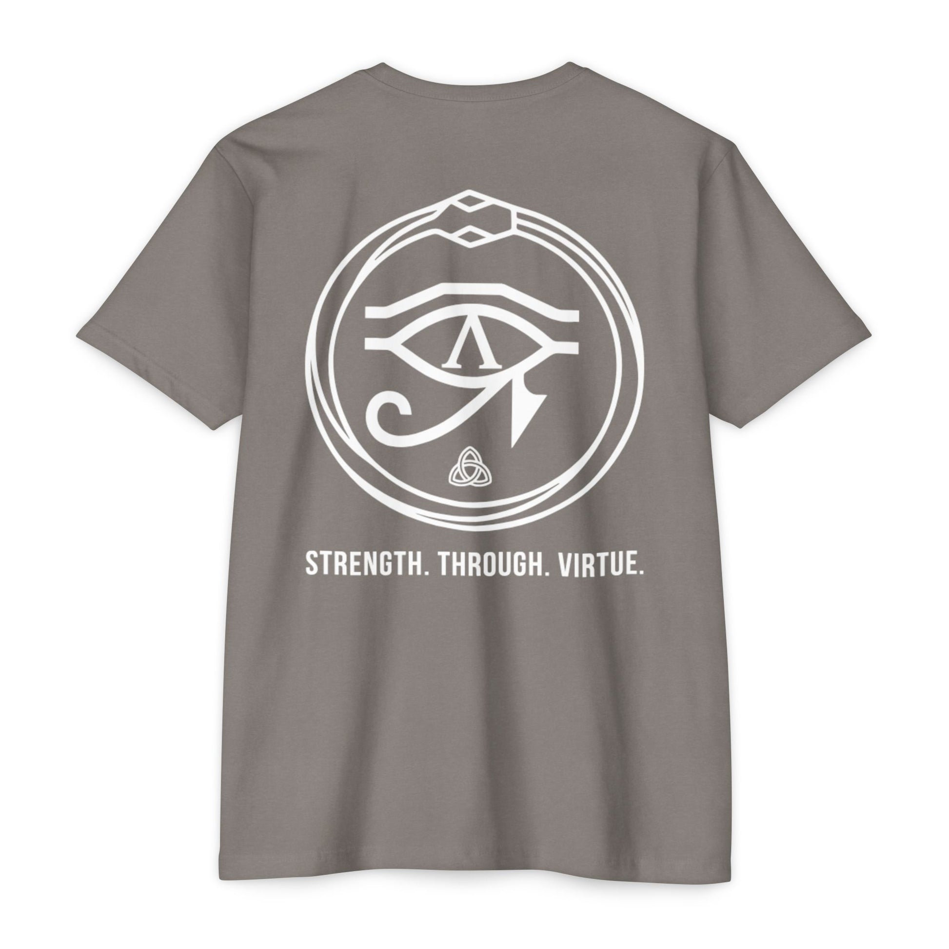 Stone Gray t-shirt with white symbol and text on a white background - Henosis Apparel virtue-based clothing