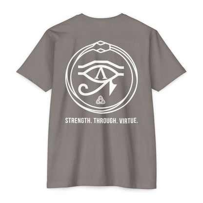 Stone Gray t-shirt with white symbol and text on a white background - Henosis Apparel virtue-based clothing