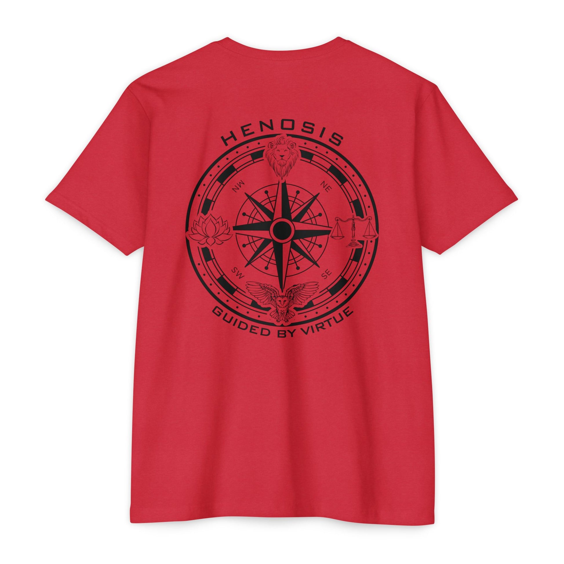 Red t-shirt with compass logo on a white background - Henosis Apparel virtue-based clothing