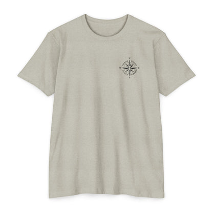 Silk t-shirt with a compass design on a white background - Henosis Apparel virtue-based clothing