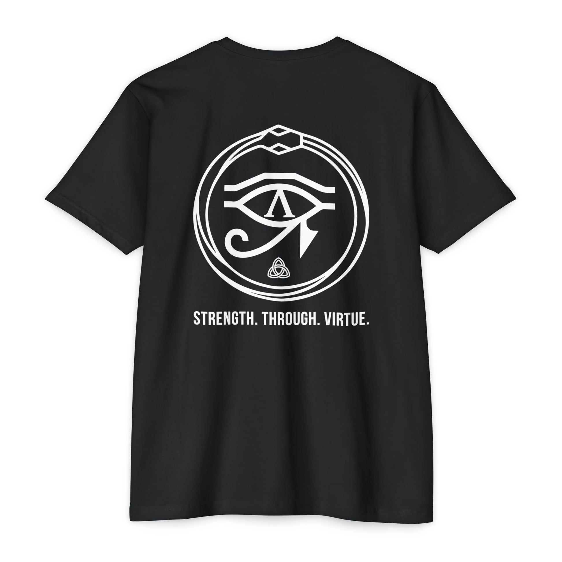 Black t-shirt with white renewal symbol and text on a white background - Henosis Apparel virtue-based clothing