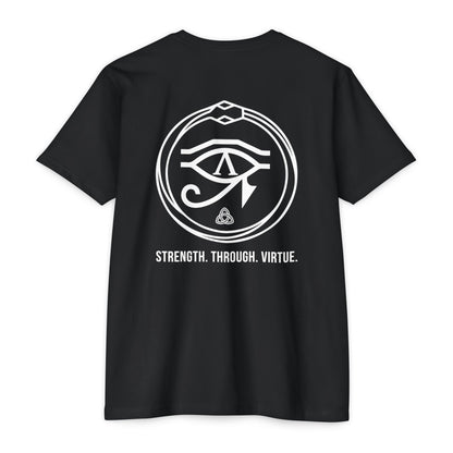 Black t-shirt with white renewal symbol and text on a white background - Henosis Apparel virtue-based clothing