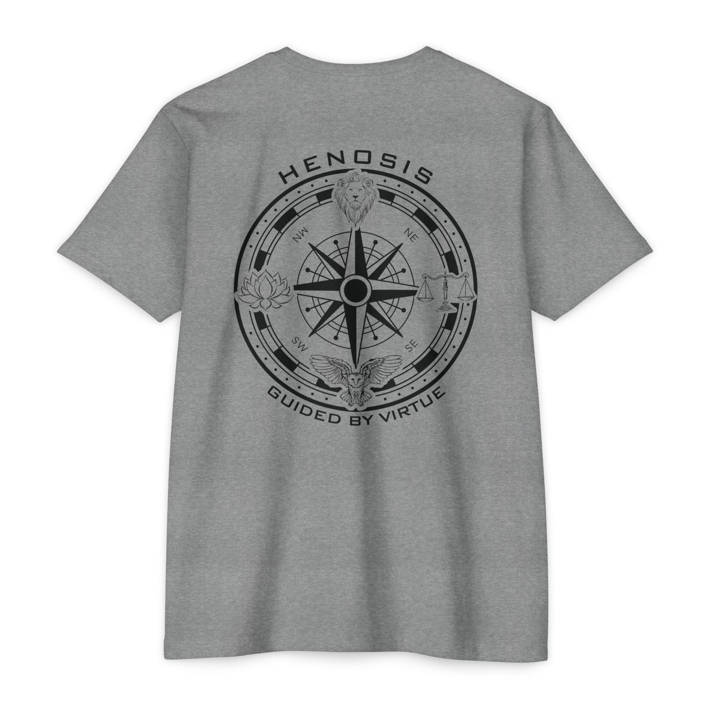 heather grey t-shirt with compass logo on a white background - Henosis Apparel virtue-based clothing