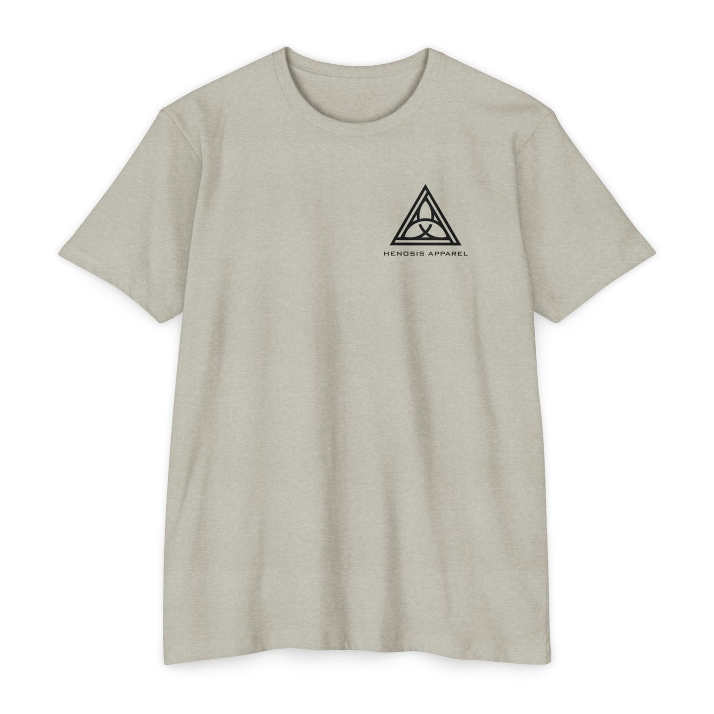 Beige t-shirt with a black triangle logo on a white background - Henosis Apparel virtue-based clothing