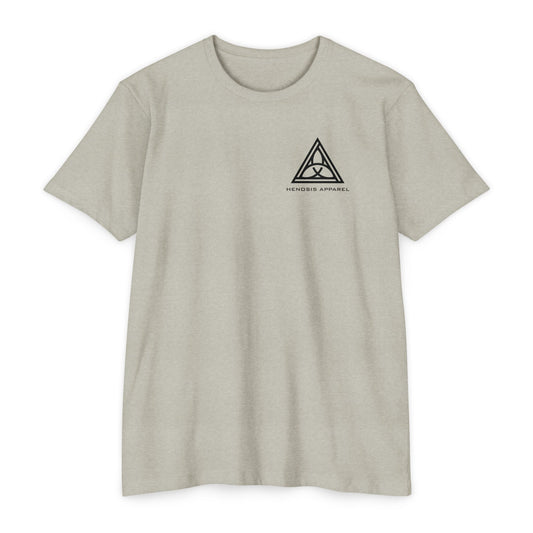 Beige t-shirt with a black triangle logo on a white background - Henosis Apparel virtue-based clothing