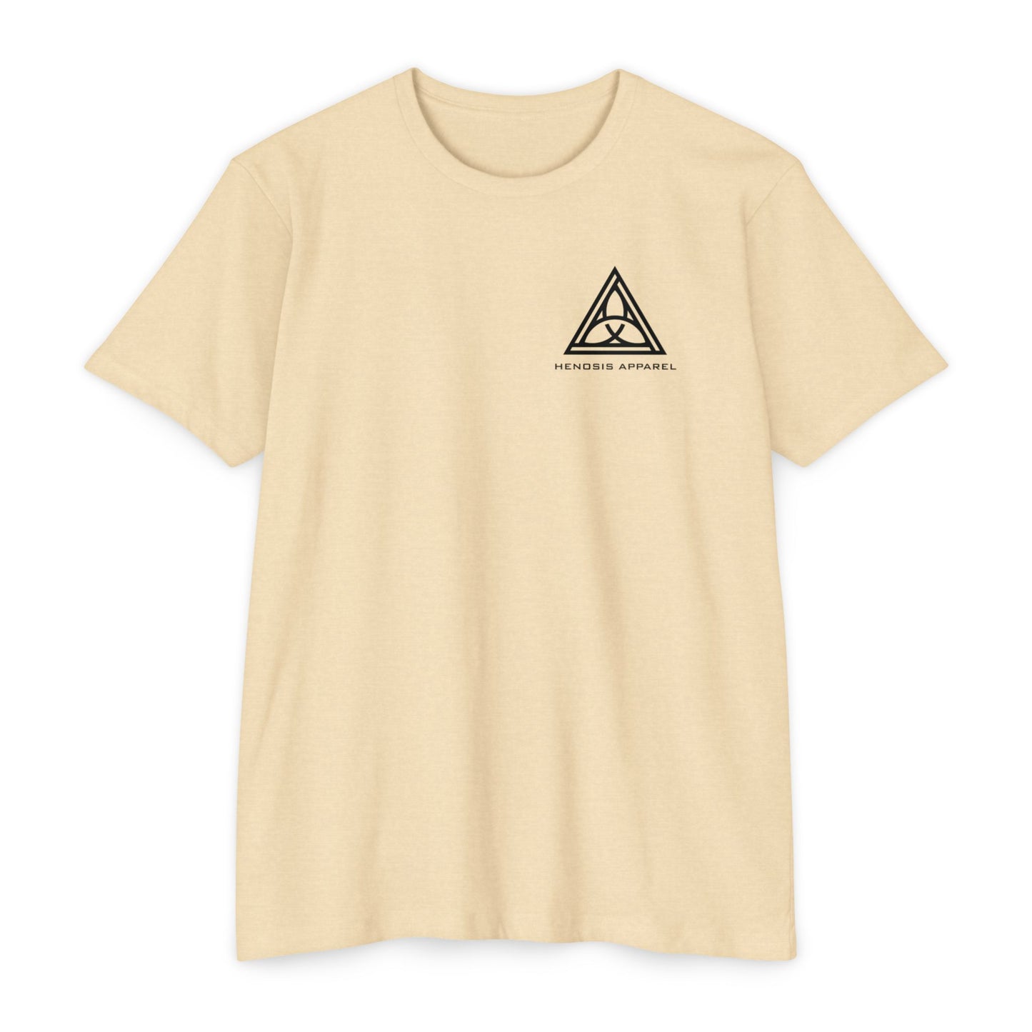 Cream t-shirt with a black triangle logo on a white background - Henosis Apparel virtue-based clothing