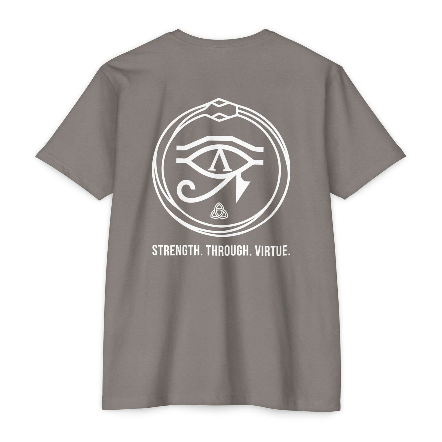 Stone Gray t-shirt with white renewal symbol and text on a white background - Henosis Apparel virtue-based clothing