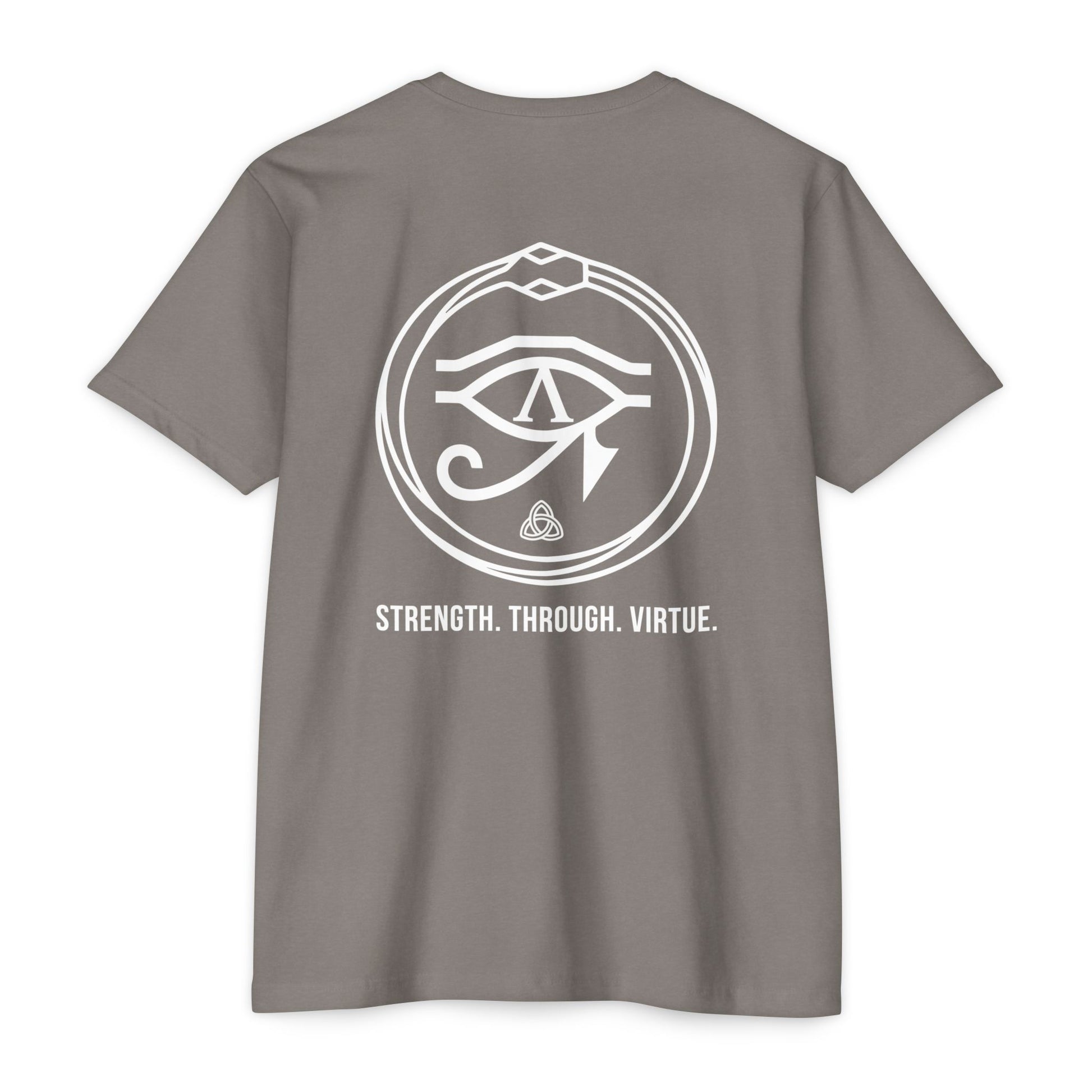 Stone Gray t-shirt with white renewal symbol and text on a white background - Henosis Apparel virtue-based clothing