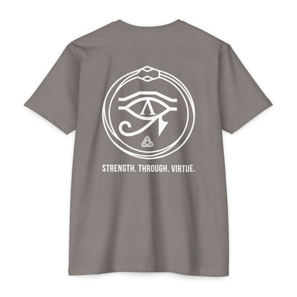 Stone Gray t-shirt with white renewal symbol and text on a white background - Henosis Apparel virtue-based clothing