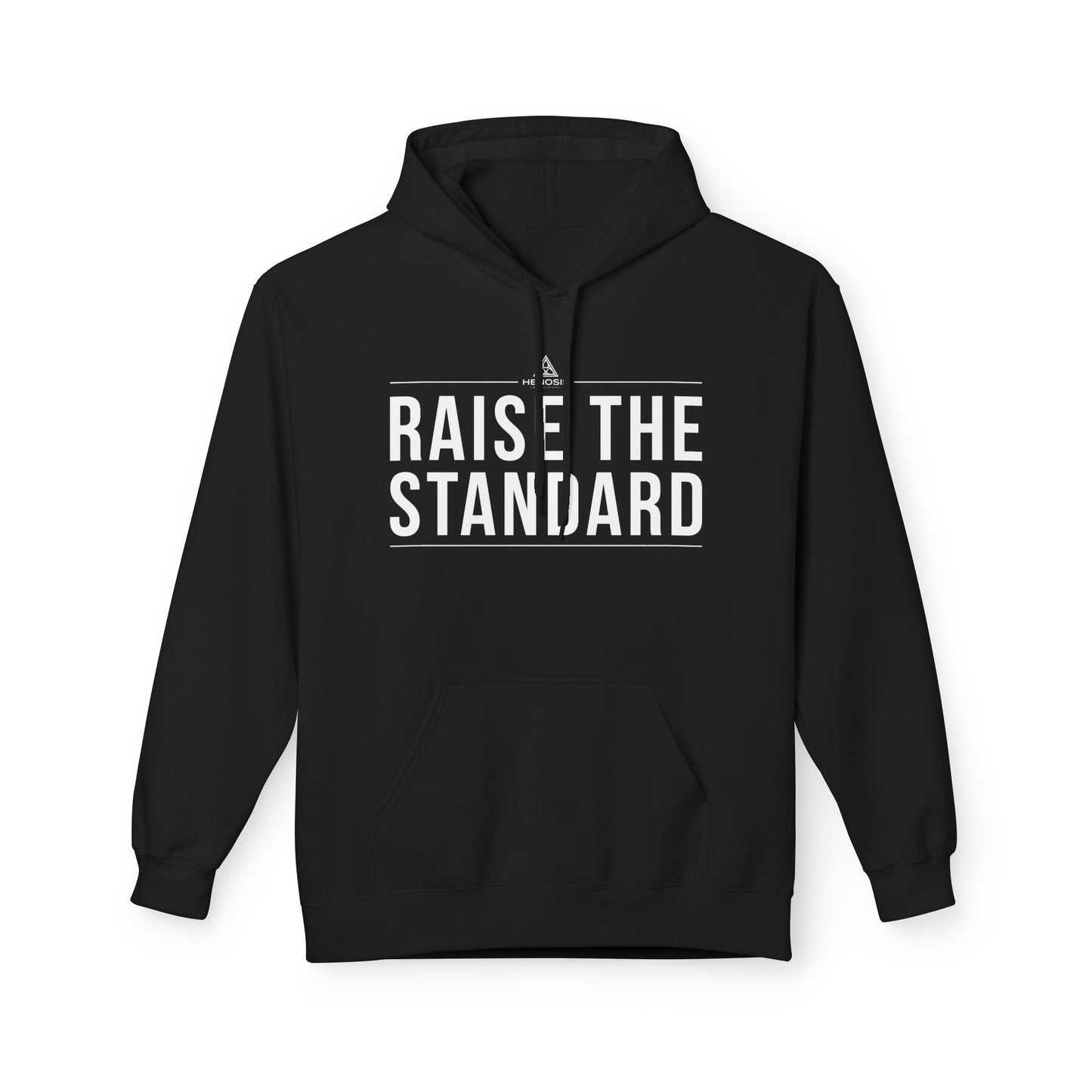 Black hoodie with 'Raise The Standard' text on a white background - Henosis Apparel virtue-based clothing