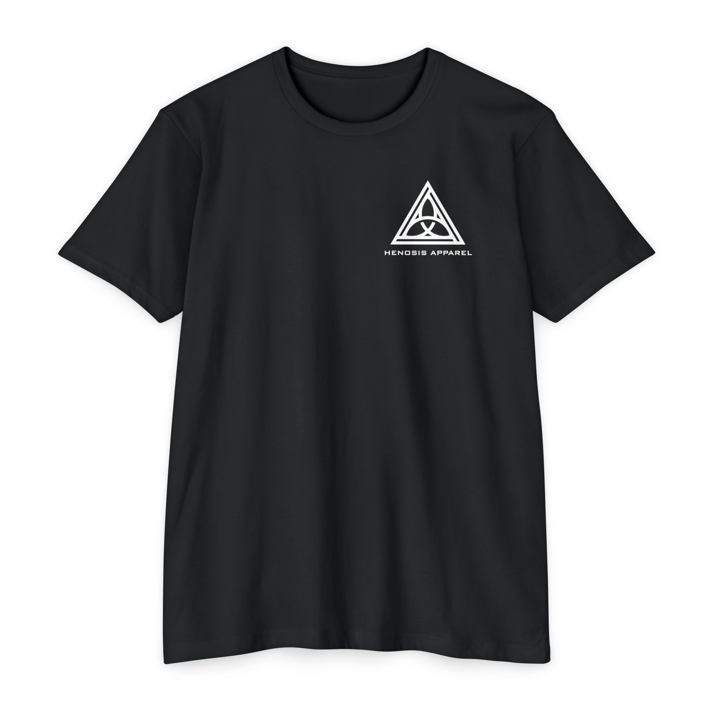 Black t-shirt with 'Henosis Apparel' logo on a white background - Henosis Apparel virtue-based clothing