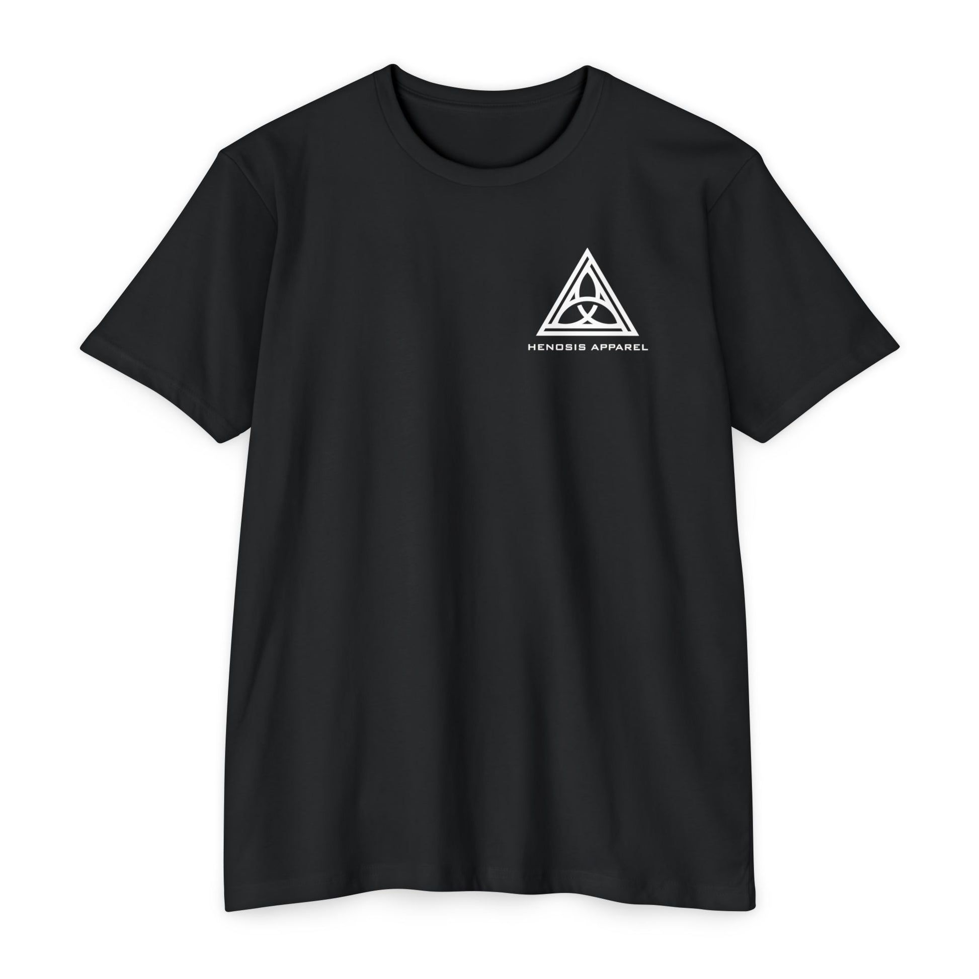 Black t-shirt with 'Henosis Apparel' logo on a white background - Henosis Apparel virtue-based clothing