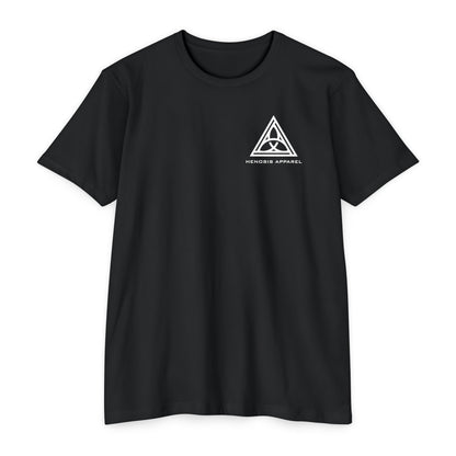 Black t-shirt with 'Henosis Apparel' logo on a white background - Henosis Apparel virtue-based clothing