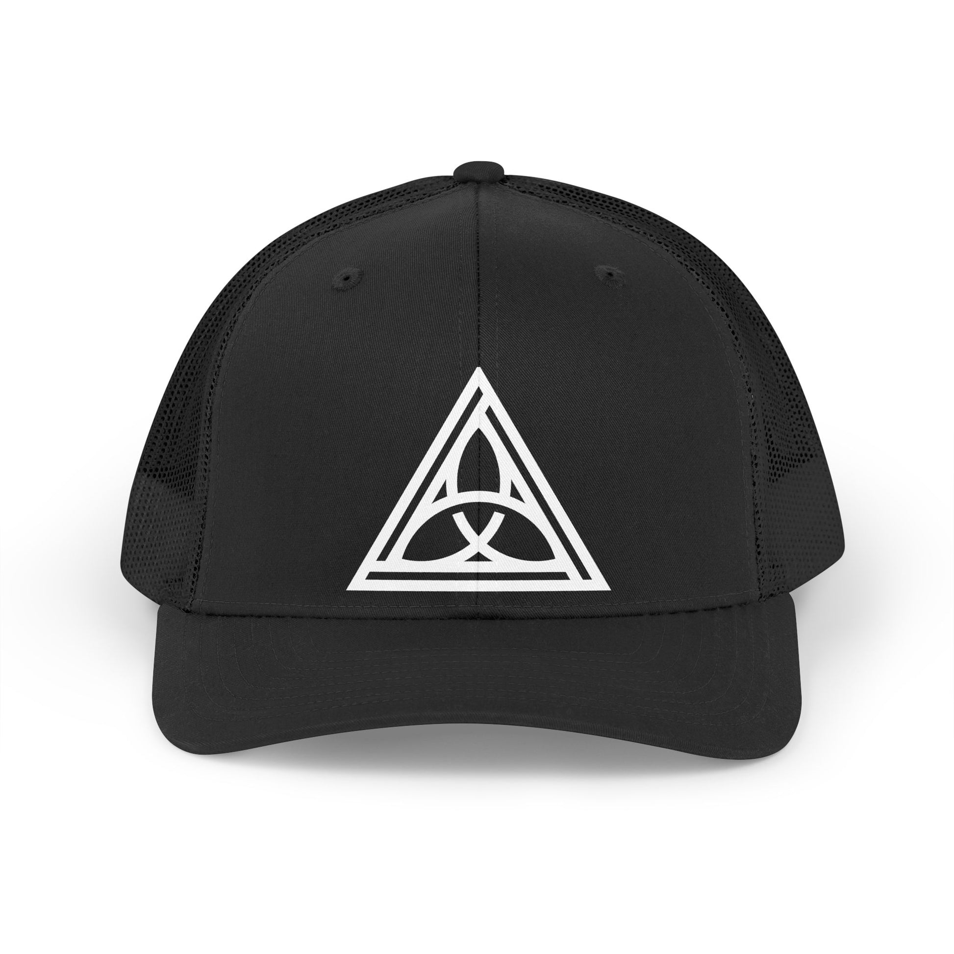 Black cap with a white geometric symbol on a white background - Henosis Apparel virtue-based clothing