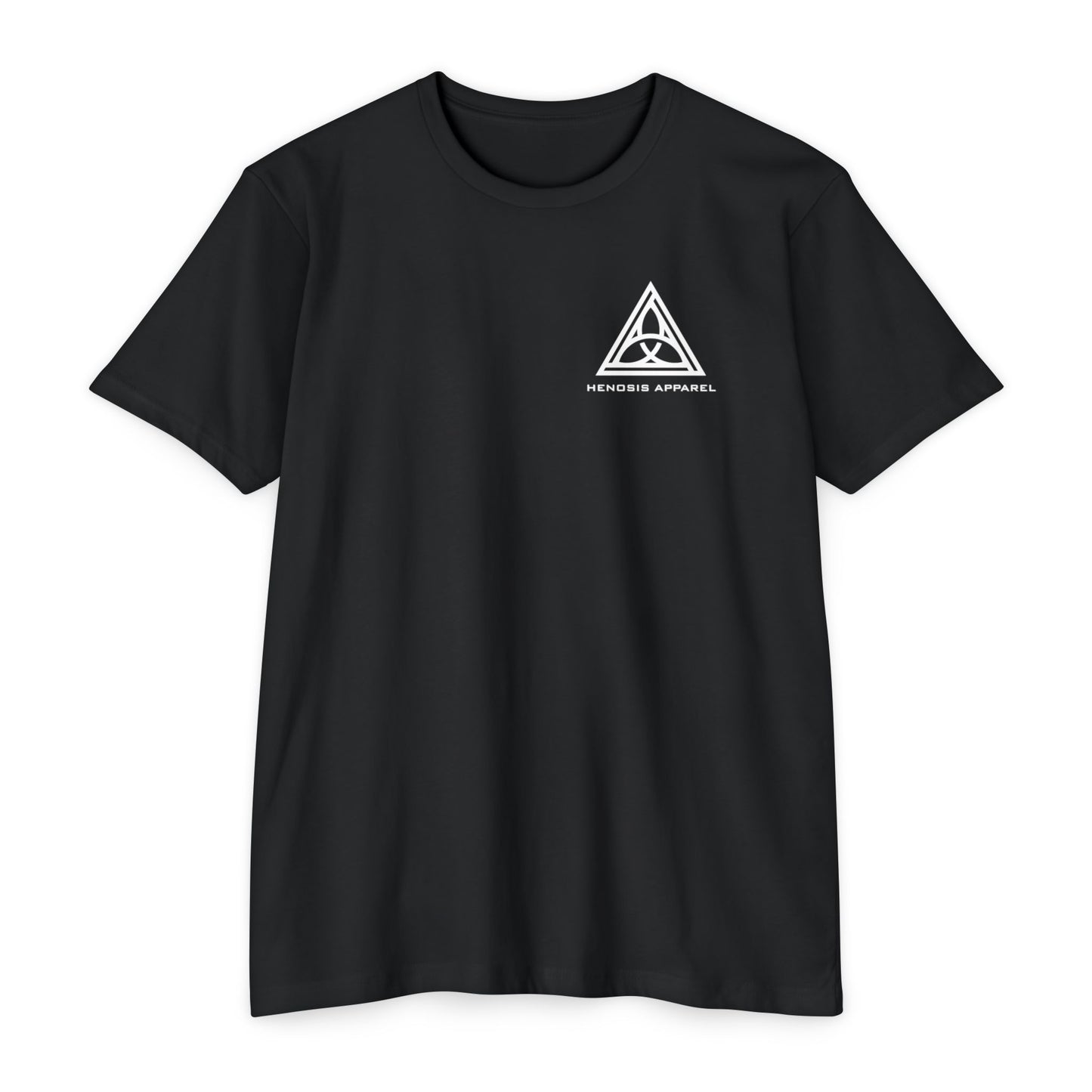 Black t-shirt with a white triangle logo on a white background - Henosis Apparel virtue-based clothing