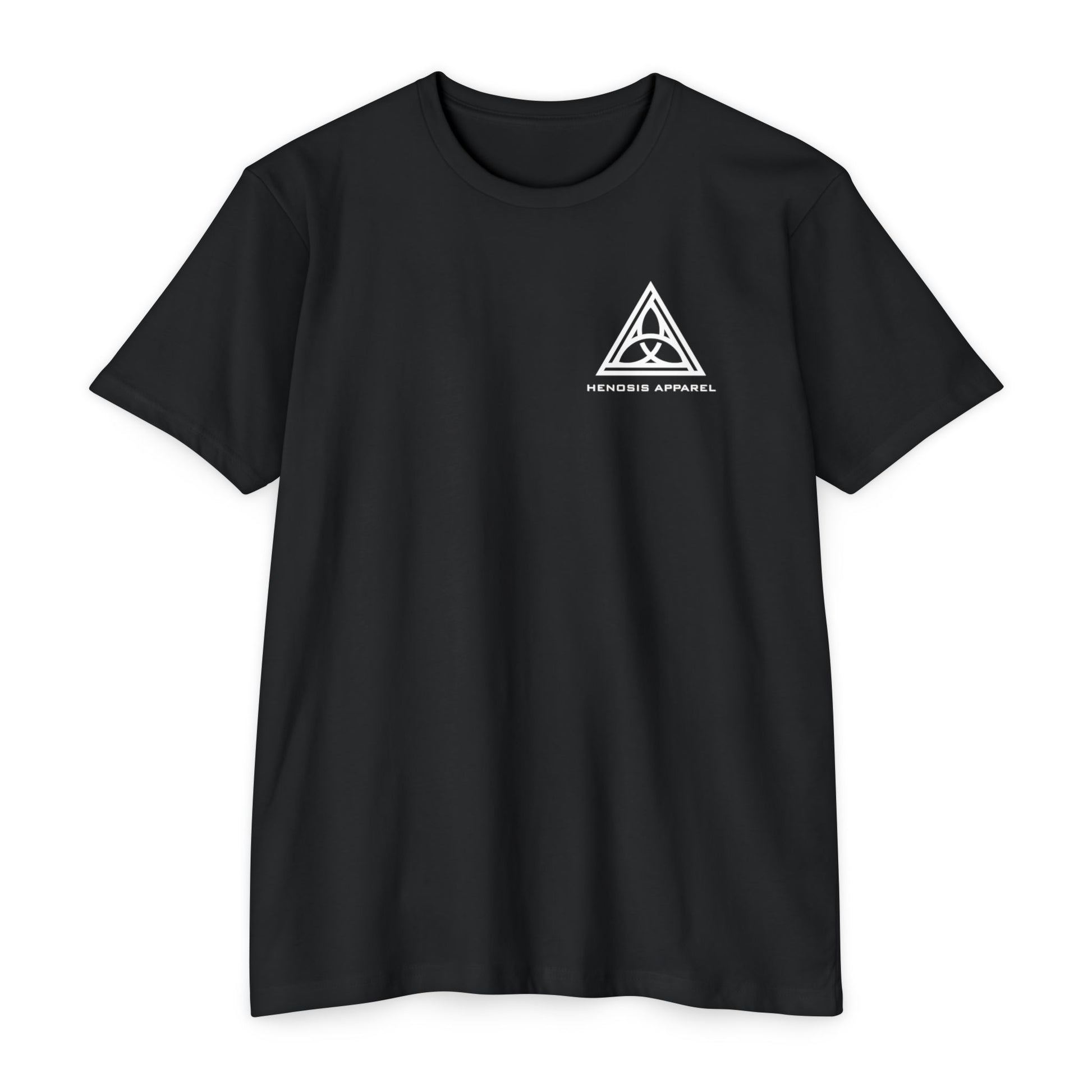 Black t-shirt with a white triangle logo on a white background - Henosis Apparel virtue-based clothing