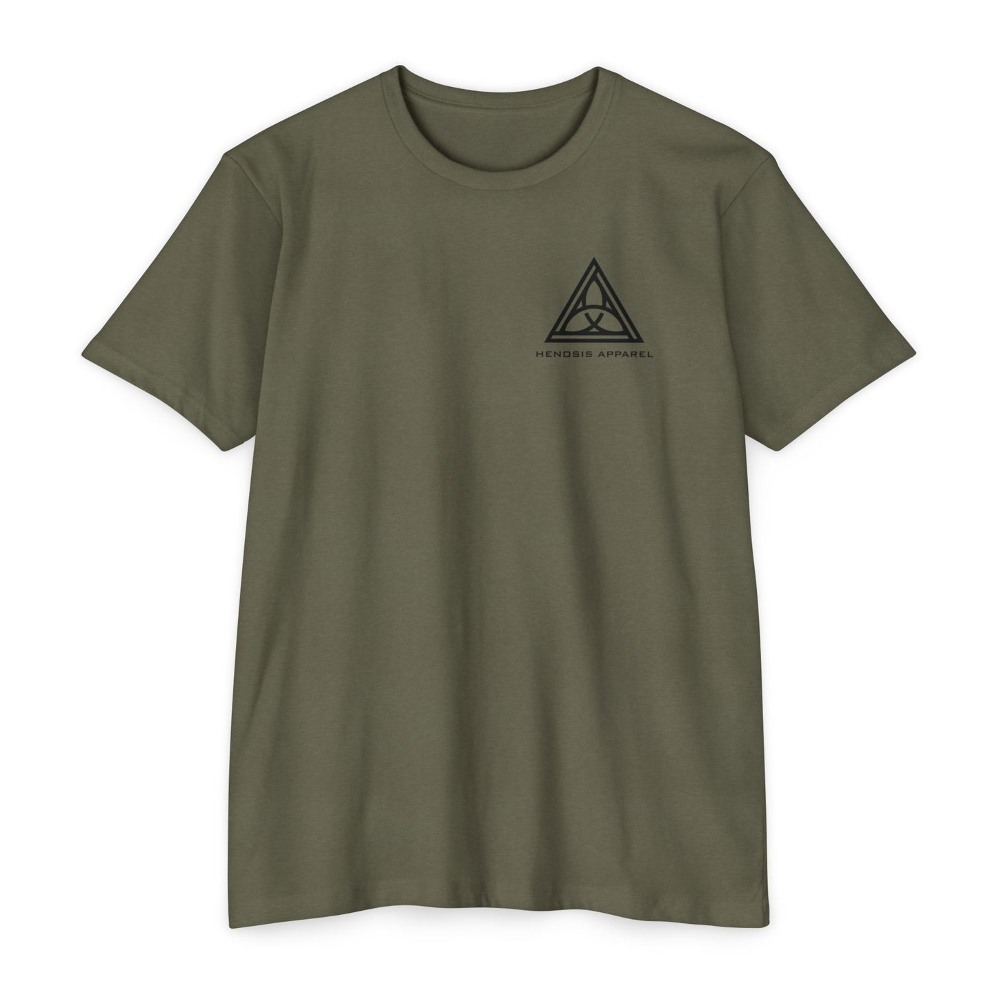 Military Green t-shirt with a black triangle logo on a white background - Henosis Apparel virtue-based clothing