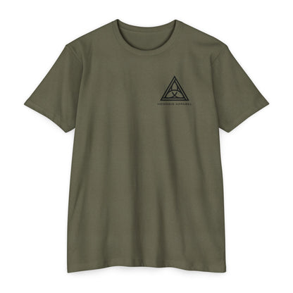 Military Green t-shirt with a black triangle logo on a white background - Henosis Apparel virtue-based clothing