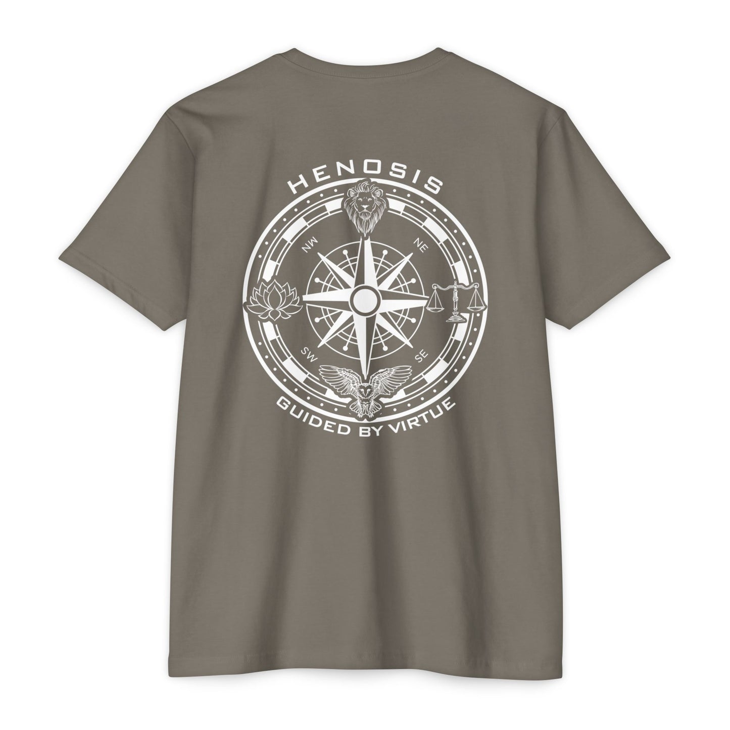 Warm Gray t-shirt with compass design and text on a white background - Henosis Apparel virtue-based clothing