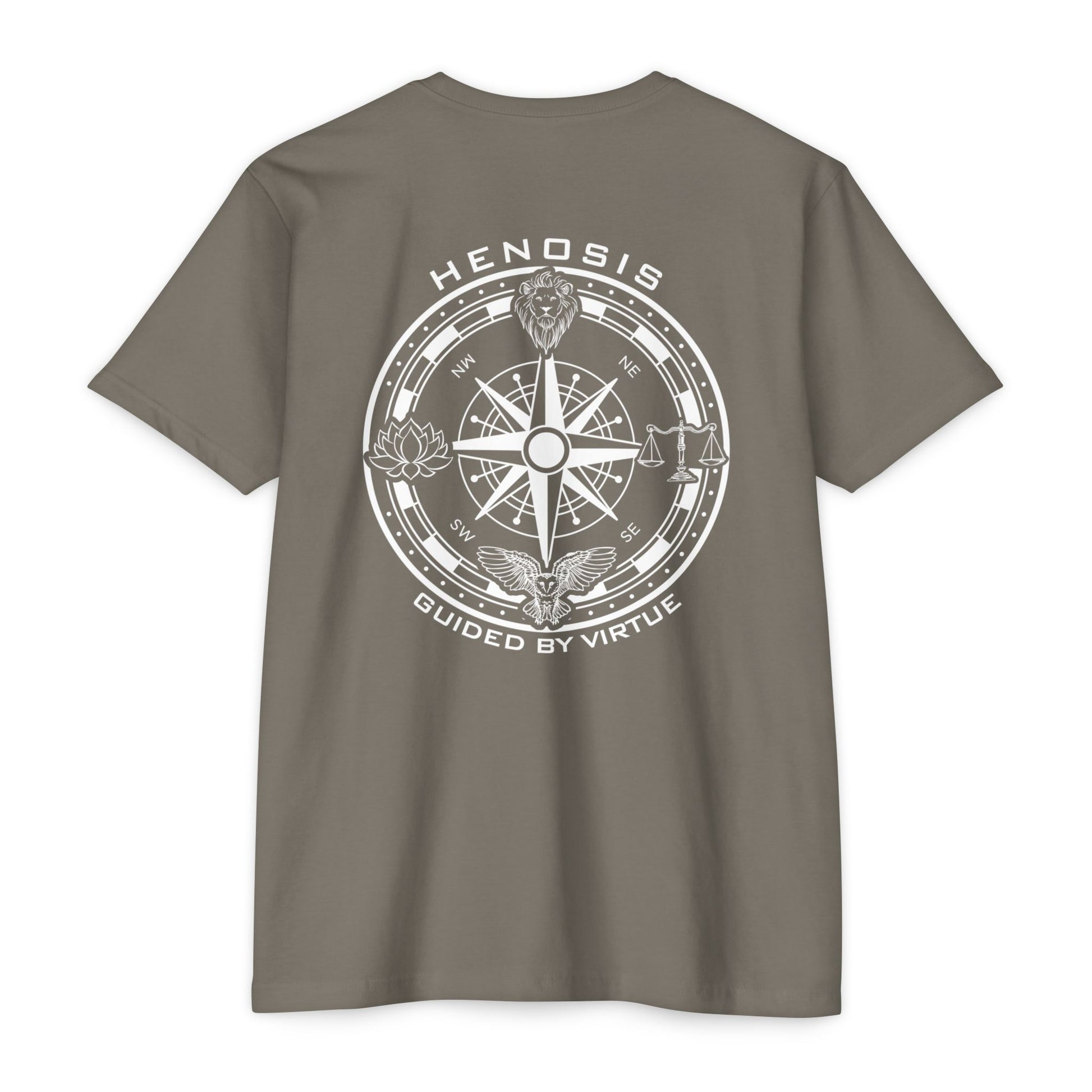 Warm Gray t-shirt with compass design and text on a white background - Henosis Apparel virtue-based clothing