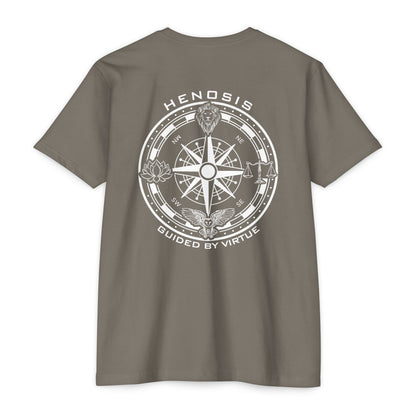 Warm Gray t-shirt with compass design and text on a white background - Henosis Apparel virtue-based clothing
