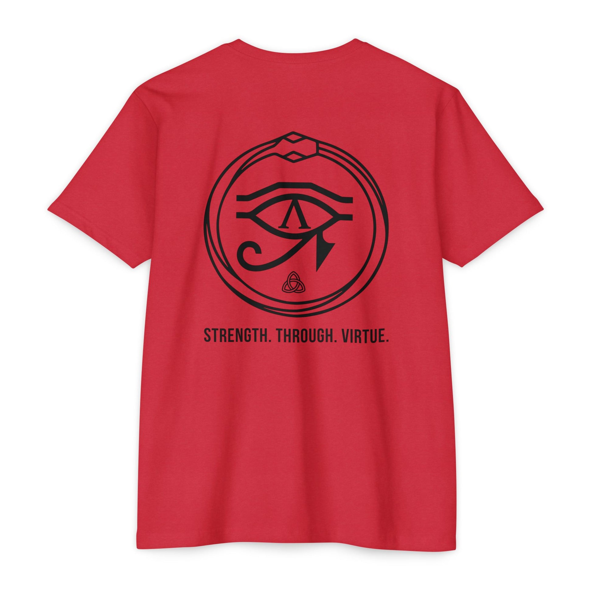 Red t-shirt with black renewal symbol and text on a white background - Henosis Apparel virtue-based clothing