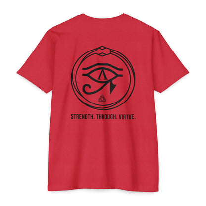 Red t-shirt with black renewal symbol and text on a white background - Henosis Apparel virtue-based clothing