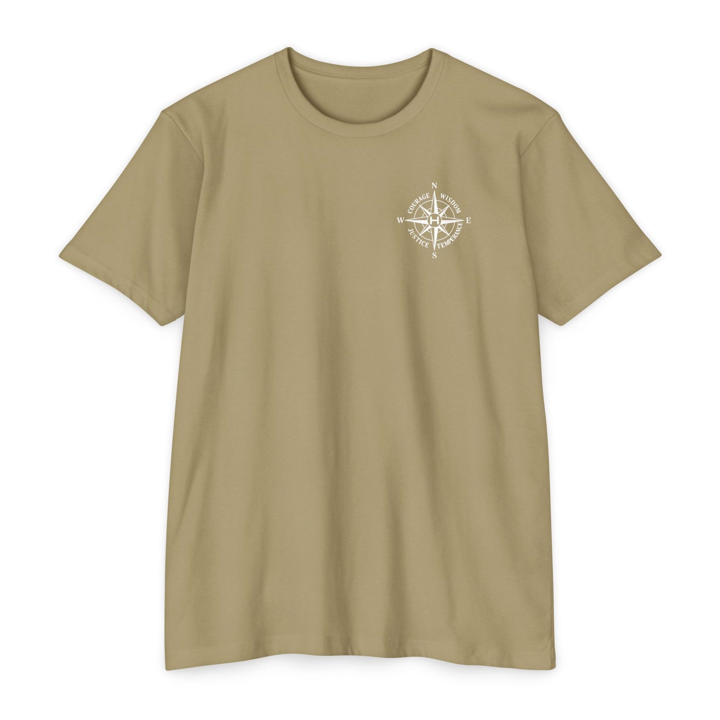 Light Olive t-shirt with compass logo on a white background - Henosis Apparel virtue-based clothing