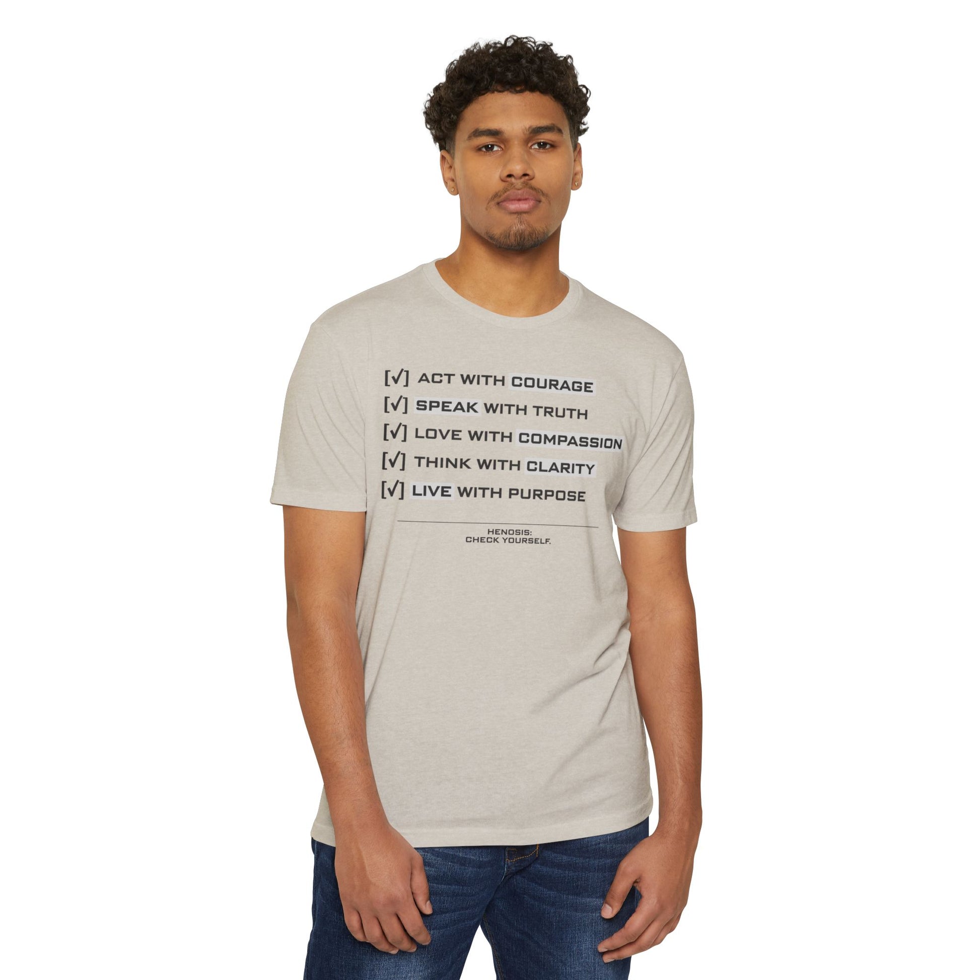 Henosis Check Yourself virtue checklist t-shirt, Bella 3001, CVC sand, front