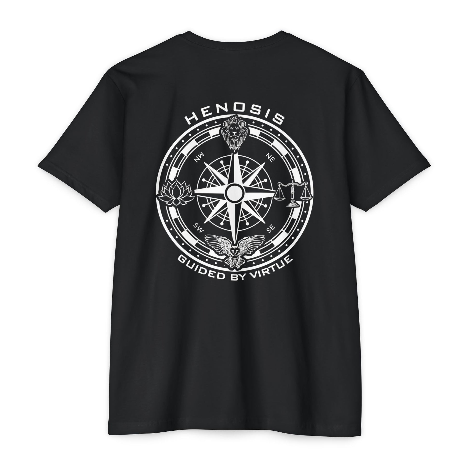 Black t-shirt with a compass design and text on the back against a white background - Henosis Apparel virtue-based clothing
