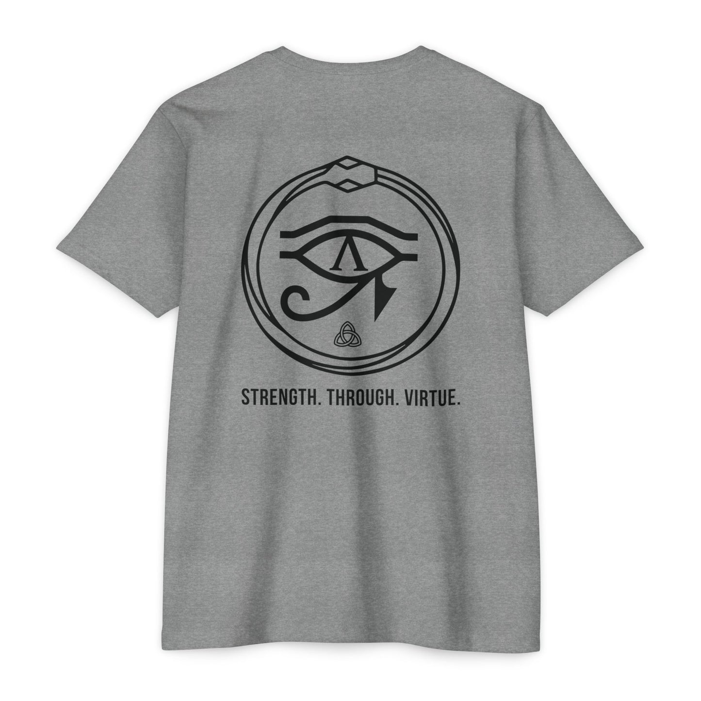 Heather Grey t-shirt with black renewal symbol and text on a white background - Henosis Apparel virtue-based clothing