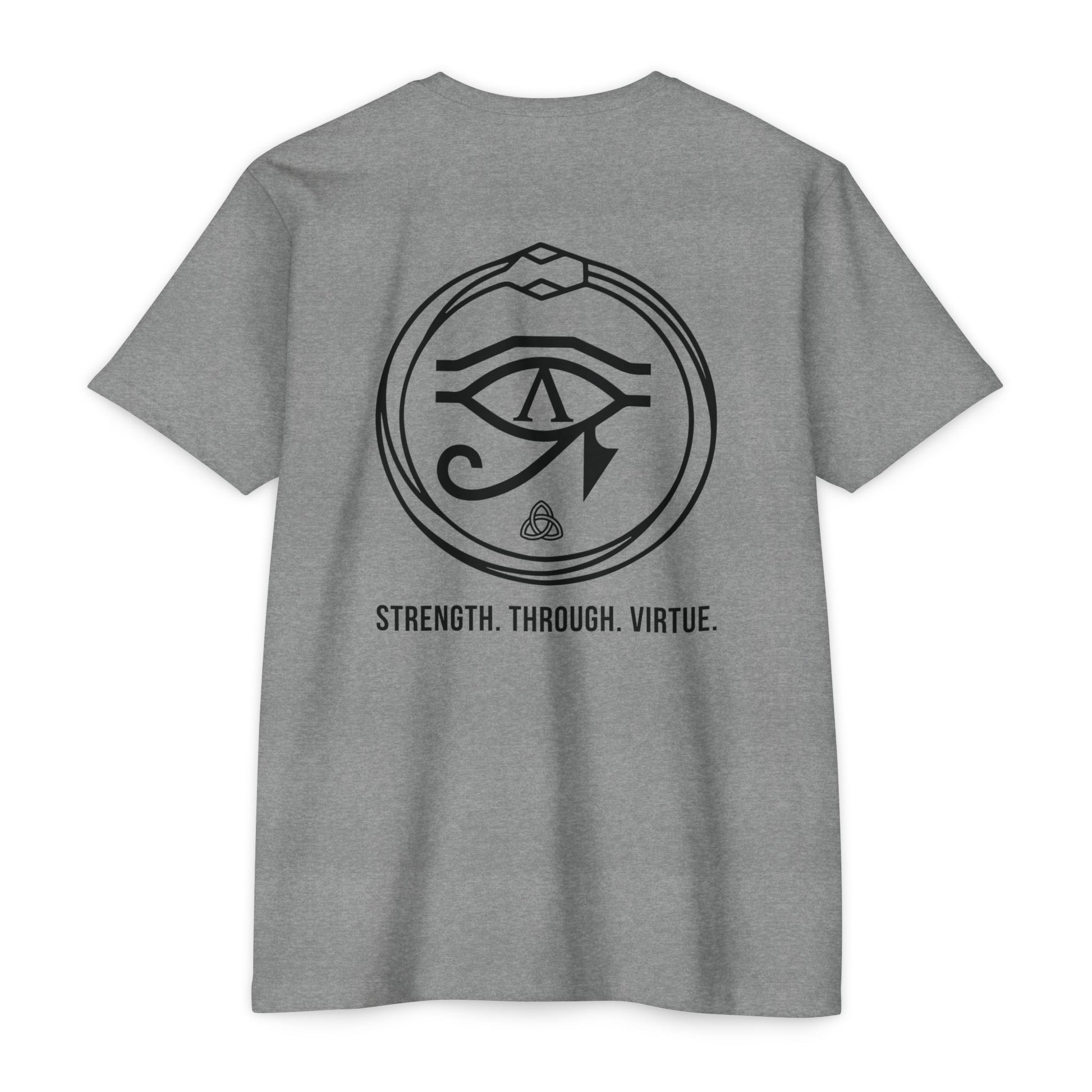 Heather Grey t-shirt with black renewal symbol and text on a white background - Henosis Apparel virtue-based clothing