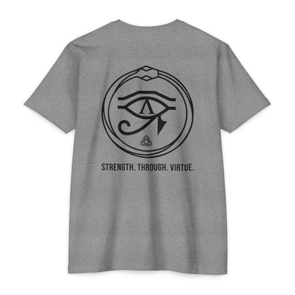 Heather Grey t-shirt with black renewal symbol and text on a white background - Henosis Apparel virtue-based clothing