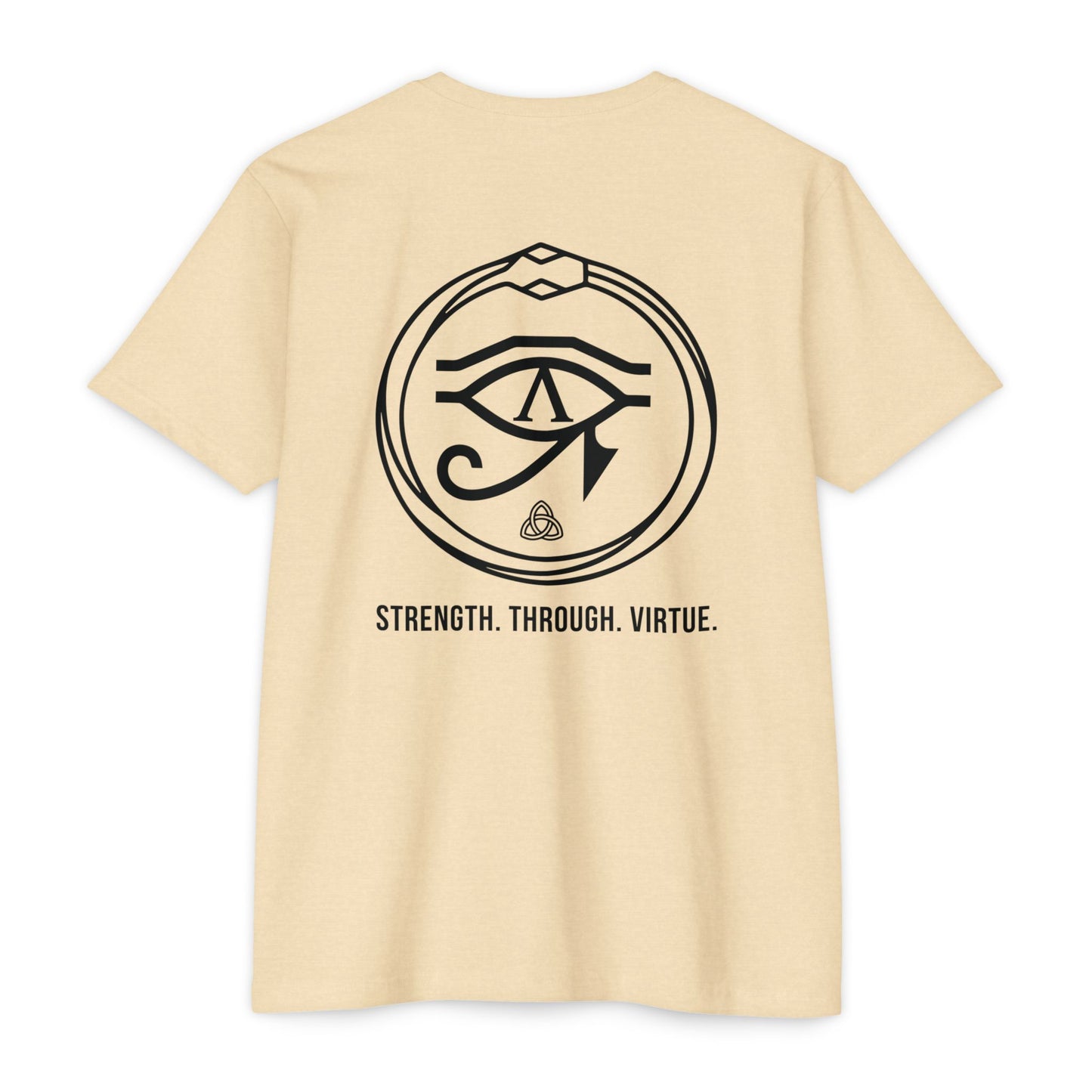 Cream t-shirt with black renewal symbol and text on a white background - Henosis Apparel virtue-based clothing