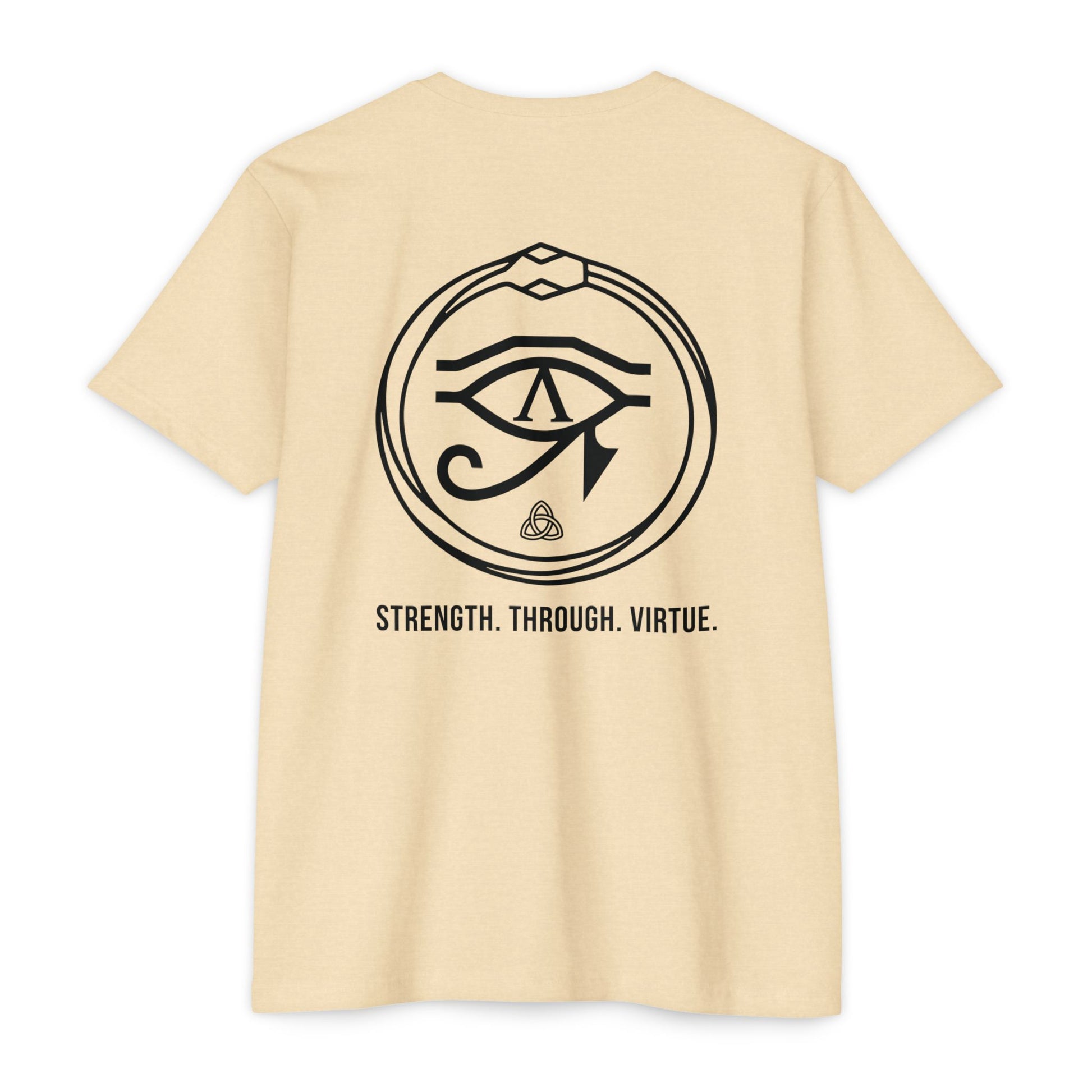 Cream t-shirt with black renewal symbol and text on a white background - Henosis Apparel virtue-based clothing