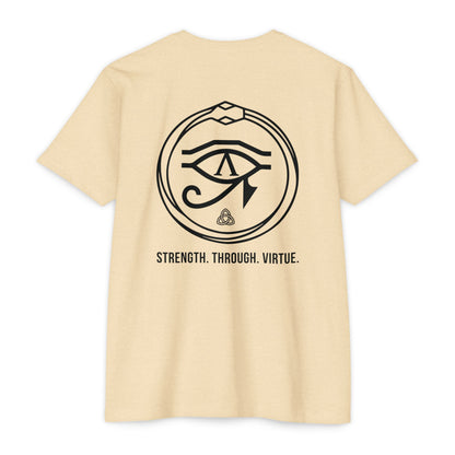 Cream t-shirt with black renewal symbol and text on a white background - Henosis Apparel virtue-based clothing
