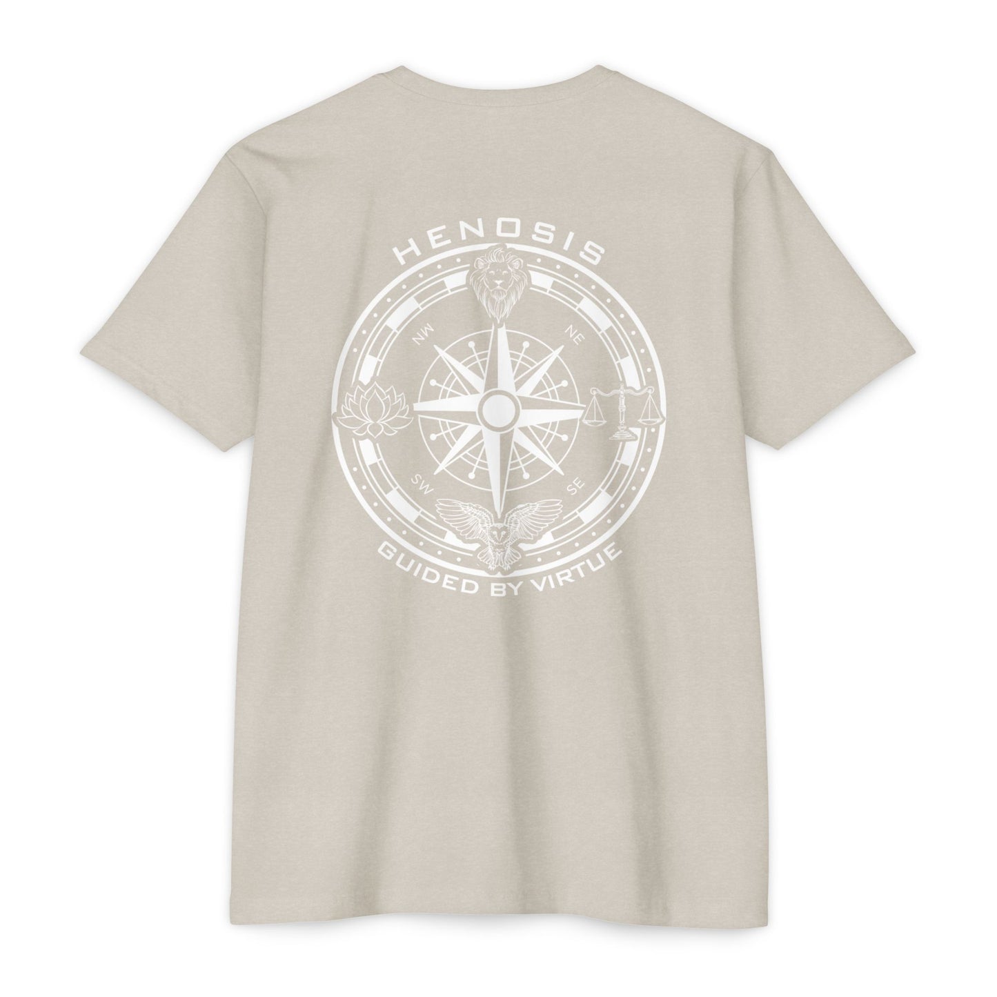 Sand t-shirt with a compass design and text on the back against a white background - Henosis Apparel virtue-based clothing