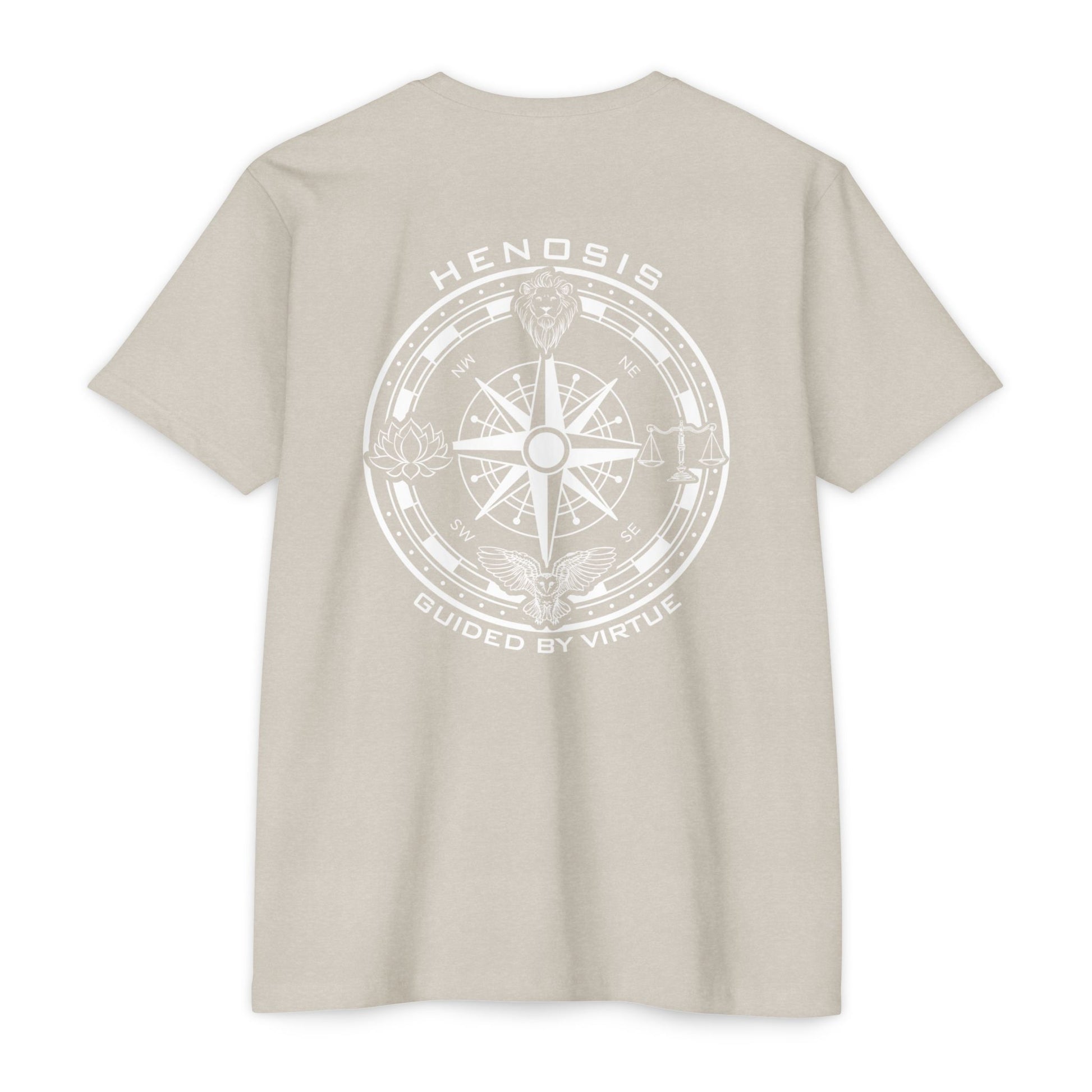 Sand t-shirt with a compass design and text on the back against a white background - Henosis Apparel virtue-based clothing