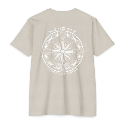 Sand t-shirt with a compass design and text on the back against a white background - Henosis Apparel virtue-based clothing