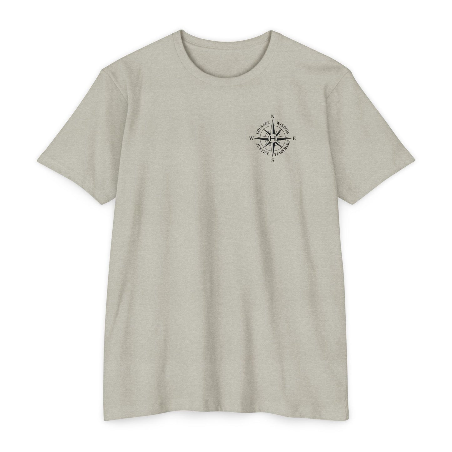 Silk t-shirt with compass logo on a white background - Henosis Apparel virtue-based clothing
