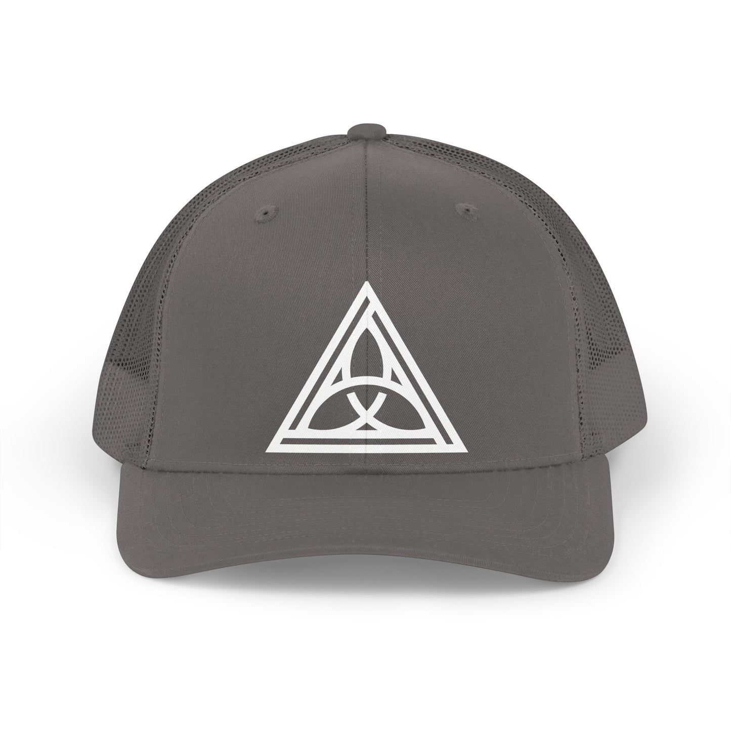 Charcoal cap with a white geometric symbol on a white background - Henosis Apparel virtue-based clothing