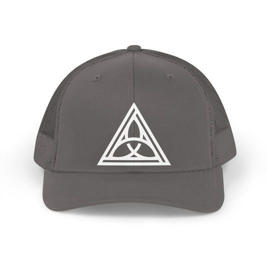 Charcoal cap with a white geometric symbol on a white background - Henosis Apparel virtue-based clothing
