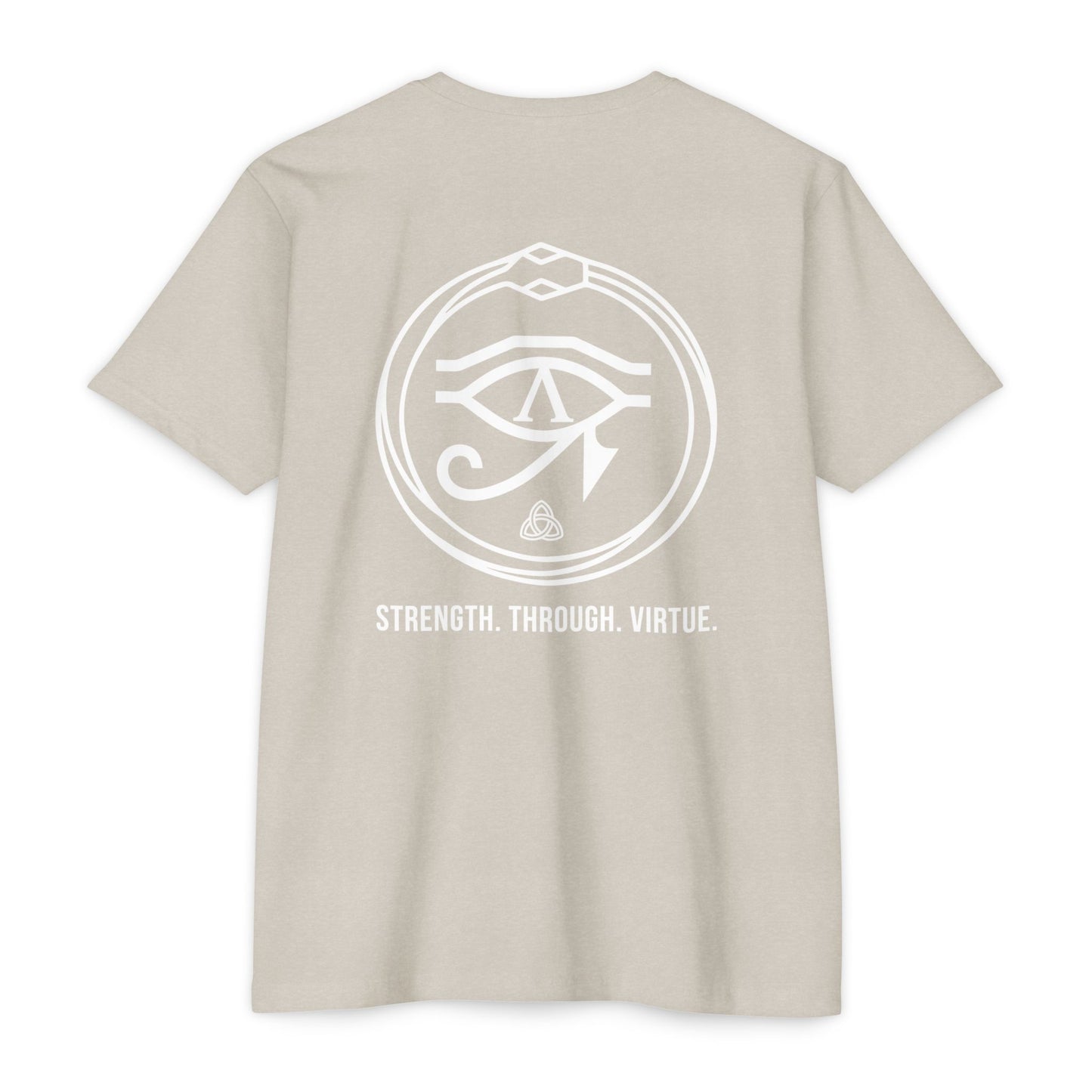Sand t-shirt with white renewal symbol and text on a white background - Henosis Apparel virtue-based clothing