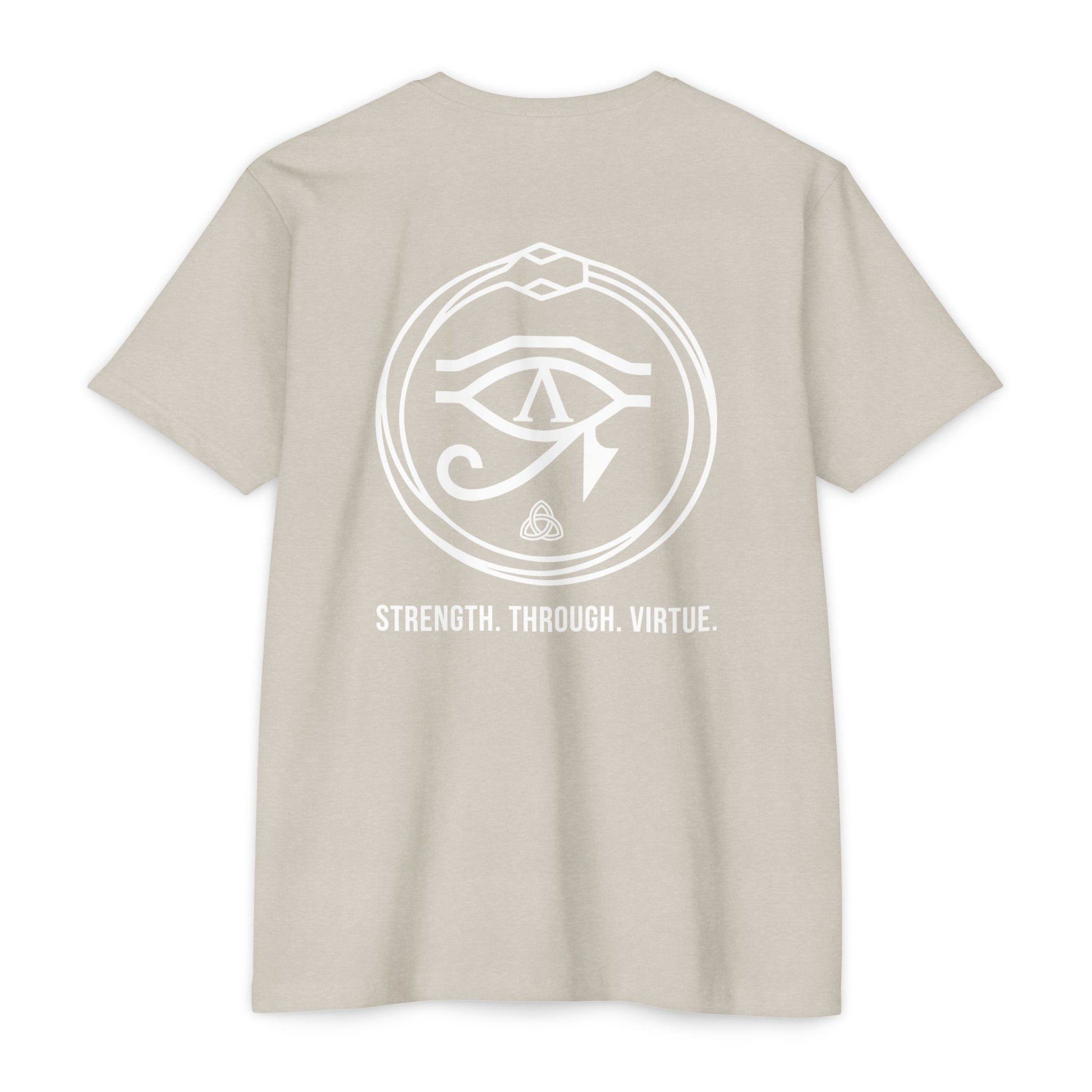 Sand t-shirt with white renewal symbol and text on a white background - Henosis Apparel virtue-based clothing