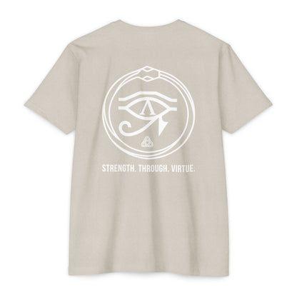 Sand t-shirt with white renewal symbol and text on a white background - Henosis Apparel virtue-based clothing